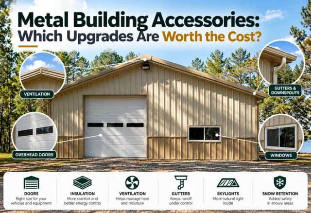 Metal building accessories and upgrades on a beige steel garage, including overhead door, windows, gutters, and ventilation